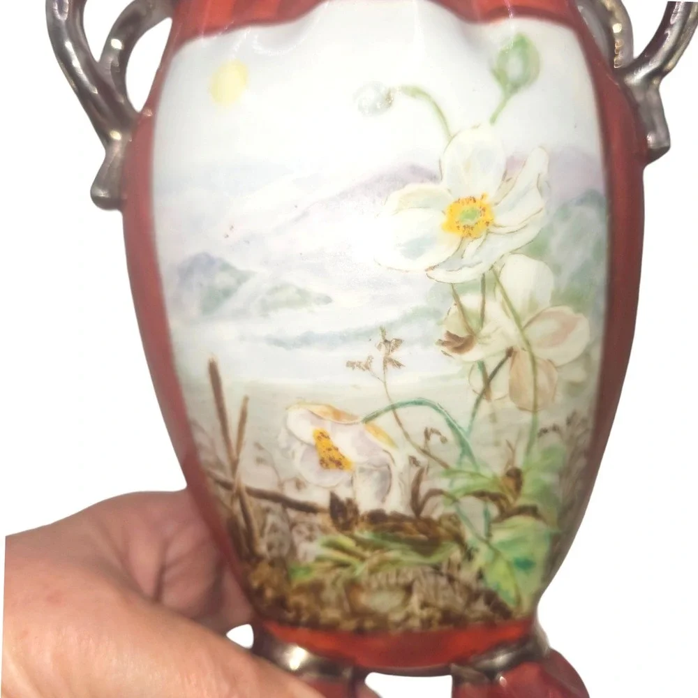 Antique Prussia Depon Style Handmade Ceramic Handpainted Floral Vase Red Silver